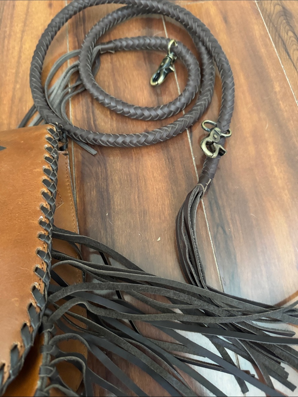 Darling Brown Leather Fringe Crossbody Bag with Black Graphic - Picture 3 of 6